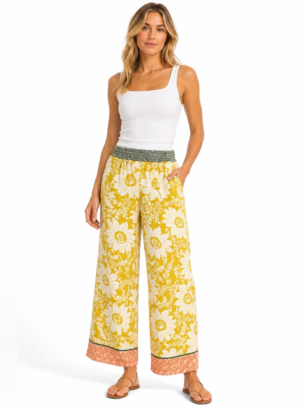 By Anthropologie Floral Wide Leg Crop Pants Yellow Boho Smocked Waist Small